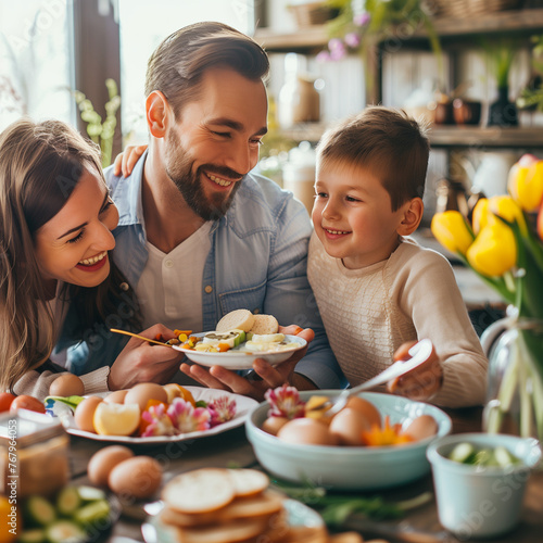 happy family eat toghter at easter photo