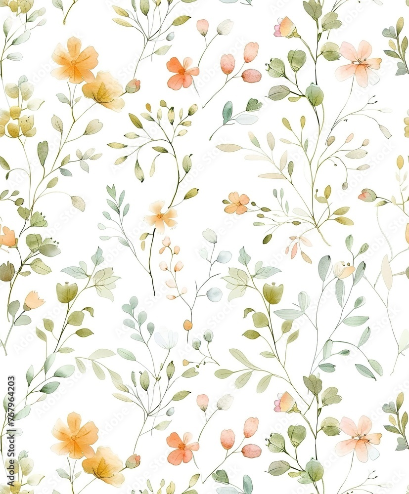 Watercolor flowers and leaves in seamless pattern. Wildflowers in pastel colors for elegant fabrics, wallpaper, packaging and stationery. Vintage botanical illustration Watercolor flowers and leaves in seamless pattern. Wildflowers in pastel colors for elegant fabrics, wallpaper, packaging and stationery. Vintage botanical illustration