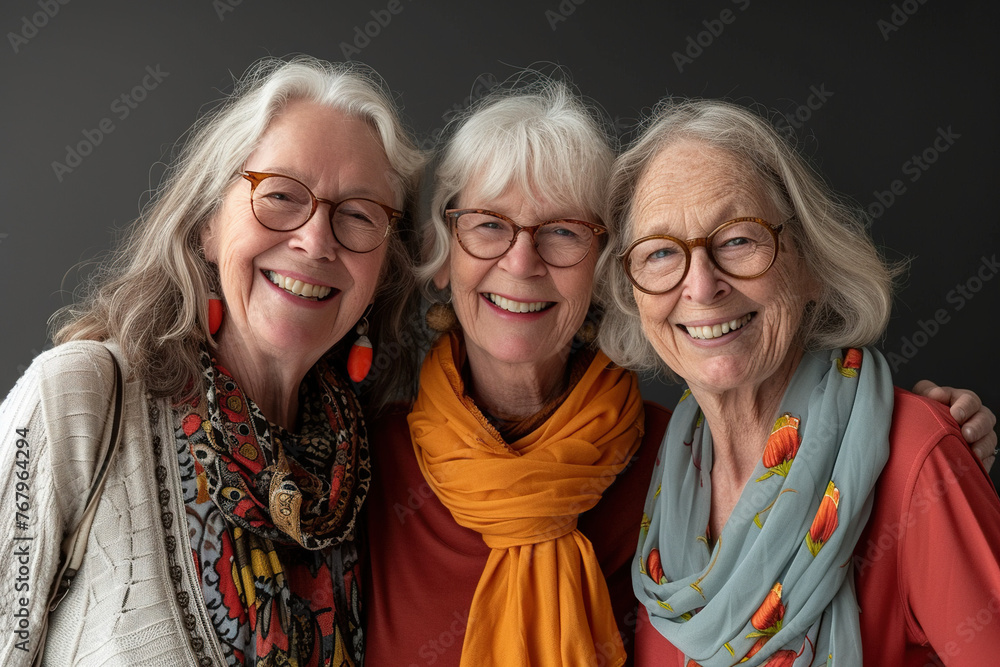 Portrait of happy three female senior friends in studio. Portrait of happy three female senior friends in studio.