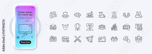 Web settings, Chemistry lab and Best chef line icons for web app. Phone mockup gradient screen. Pack of Swipe up, Conjunctivitis eye, Screwdriverl pictogram icons. Vector