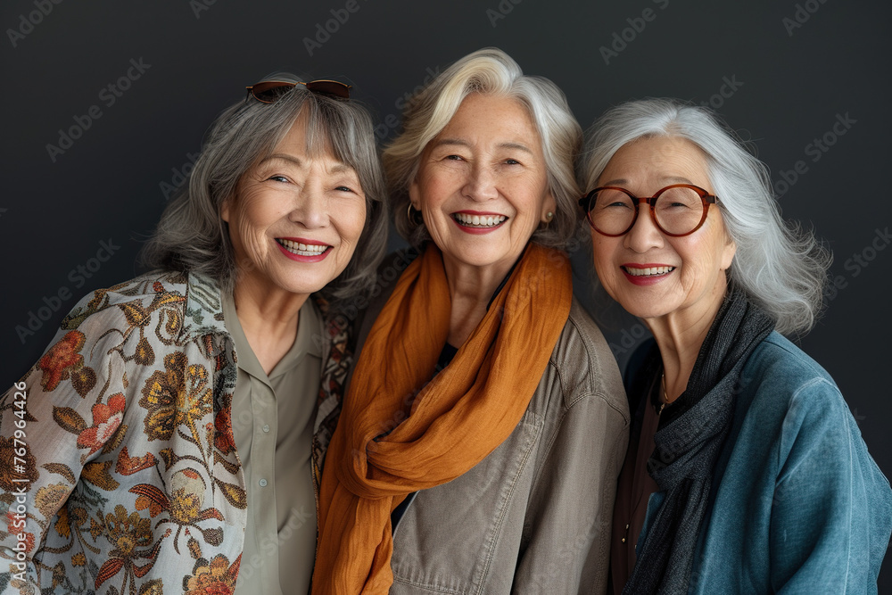Portrait of happy three senior friends in studio. Portrait of happy three senior friends in studio.