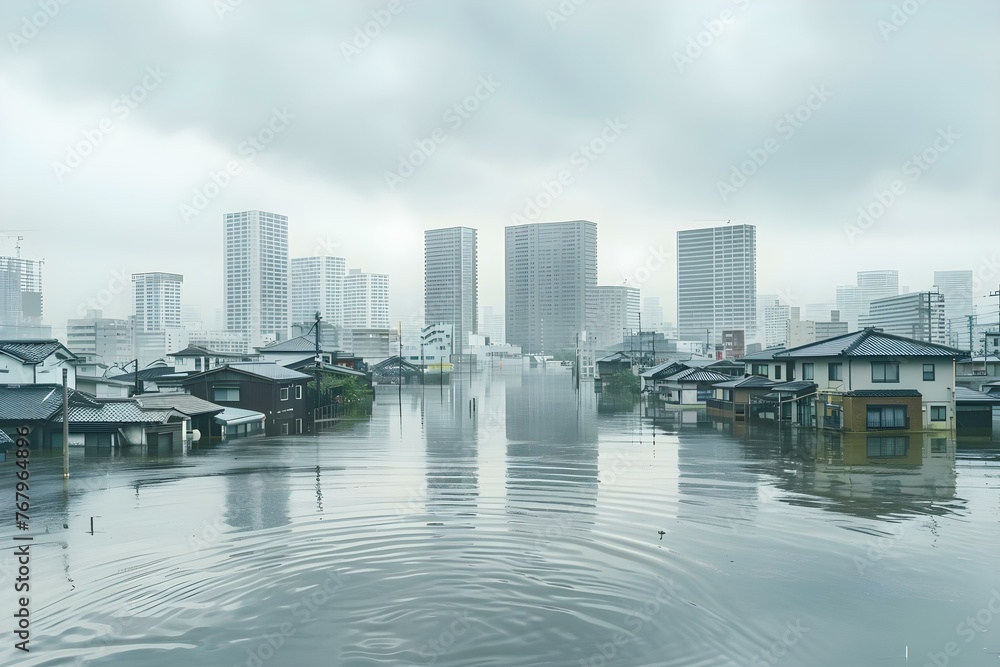 Obraz premium Japanese coastal city flooded due to rising sea levels from melting glaciers a consequence of climate change. Concept Climate Change Impacts, Rising Sea Levels, Melting Glaciers, Coastal Flooding