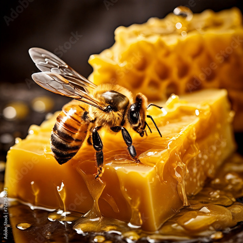 a hard worker bee, returned to the hive, sits on the honeycombs, unloads honey plant pollen photo