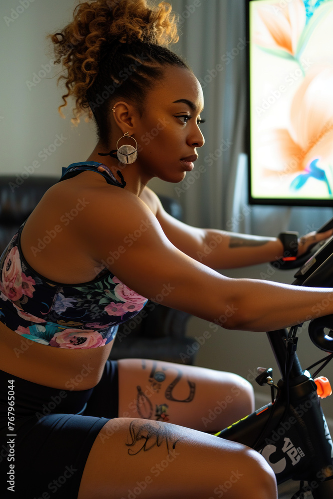 Woman engaging in an online fitness class with a stationary bike