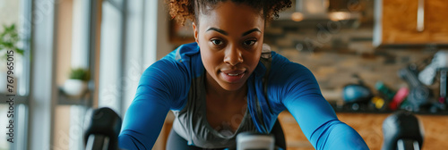 Woman engaging in an online fitness class with a stationary bike photo