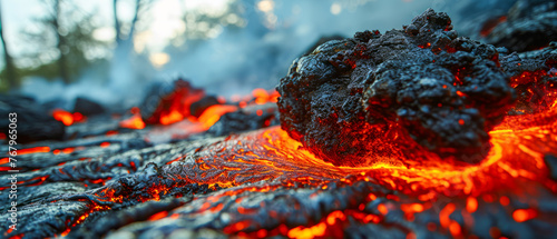Dramatic close-up of glowing molten lava flow against a dimming