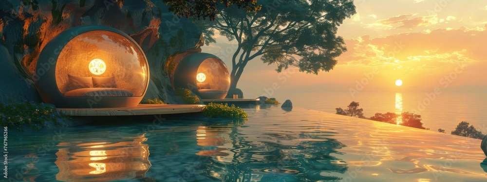 A digital wellness retreat, combining serene 2D nature backgrounds with 3D meditation pods and virtual tranquility experiences. - obrazy, fototapety, plakaty 