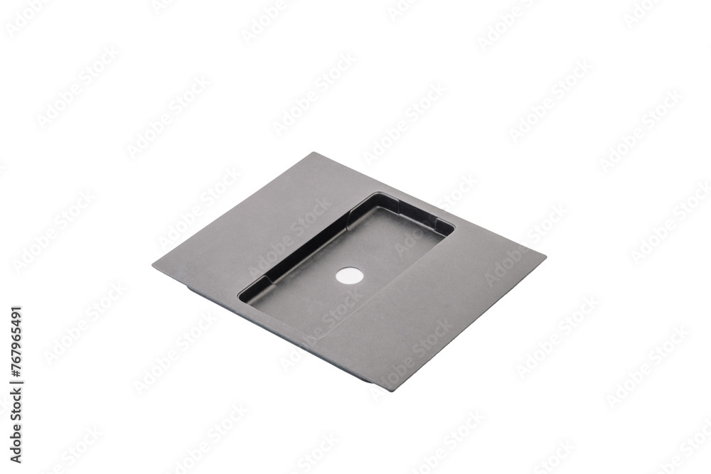 Gray square cardboard plate with cutout and hole, possibly computer case blank or hardware mounting bracket, isolated on white background. Gray square cardboard plate with cutout and hole, possibly computer case blank or hardware mounting bracket, isolated on white background.