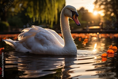 Swan protects your puppies with love on the nest by the lake.  generative IA