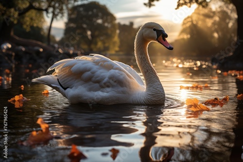 Swan protects your puppies with love on the nest by the lake., generative IA