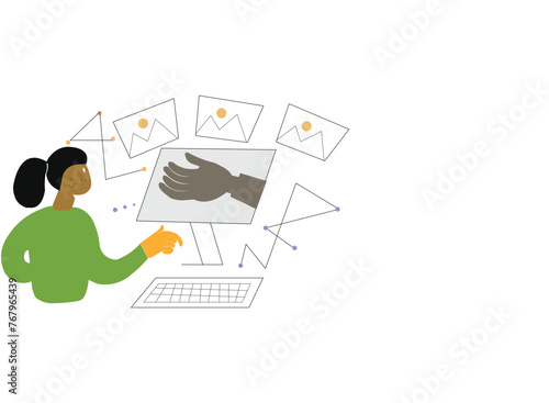 Woman works at computer desk. Happy person employee at desktop PC, table. Worker working at workplace, typing, surfing internet, using technology. Flat vector illustration isolated on white background