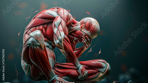 muscle spasms, image of a man crouching and covering his eyes with his hand, pain, lightning, inflammation and stretching, empty space for text photo