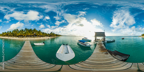 Beautiful 360 degree panorama at the beach of Trou Aux Biches Mauritius at sunset with no people.