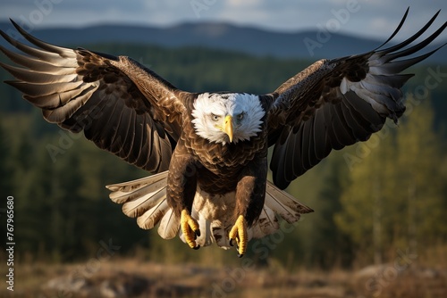 Majestic eagle in the middle of flight, fixed eyes on the prey., generative IA