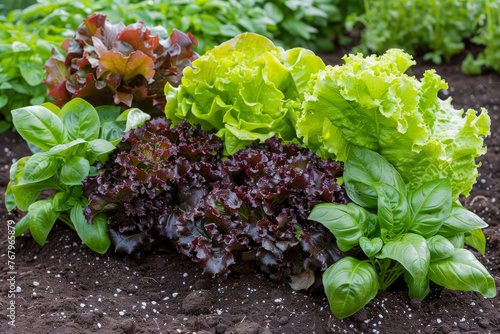 Vegetable garden with rows of fresh lettuce and basil plants growing in rich soil.