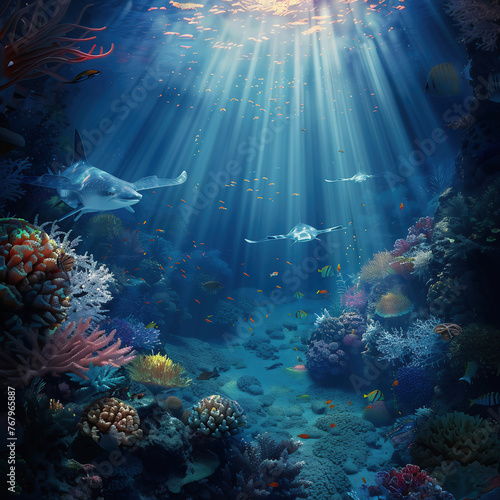 Rays in a coral reef with corals and fish.