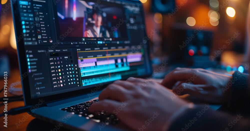 video editing software interface on a laptop screen, hands of a video editor using a professional digital video editing software interface on a laptop screen, hands of a video editor using a professional digital