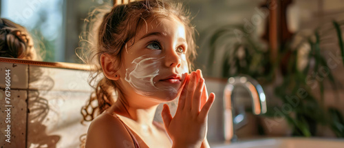 Little girls playful skincare routine. Child joyfully applies cream to her face in a sunlit bathroom