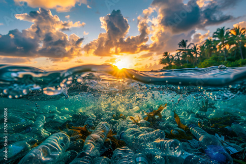 Split view of the ocean with plastic bottle pollution above and below water  showing environmental impact at sunset.