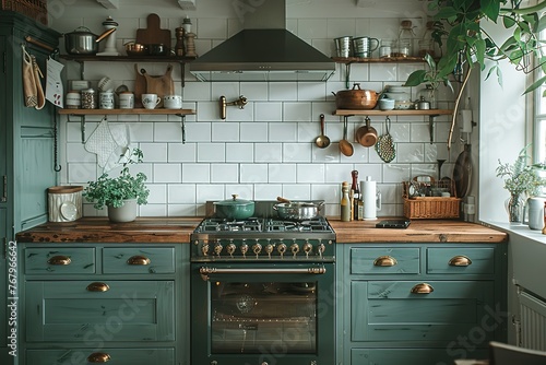 A green kitchen with white tiles on the wall