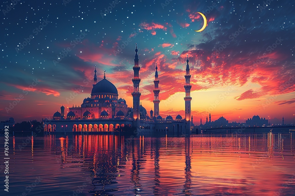 a mosque at night with the moon in the sky, A serene sunset sky with the silhouette of an Islamic mosque against it