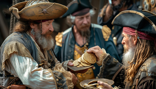 Pirates exchanging gold doubloons