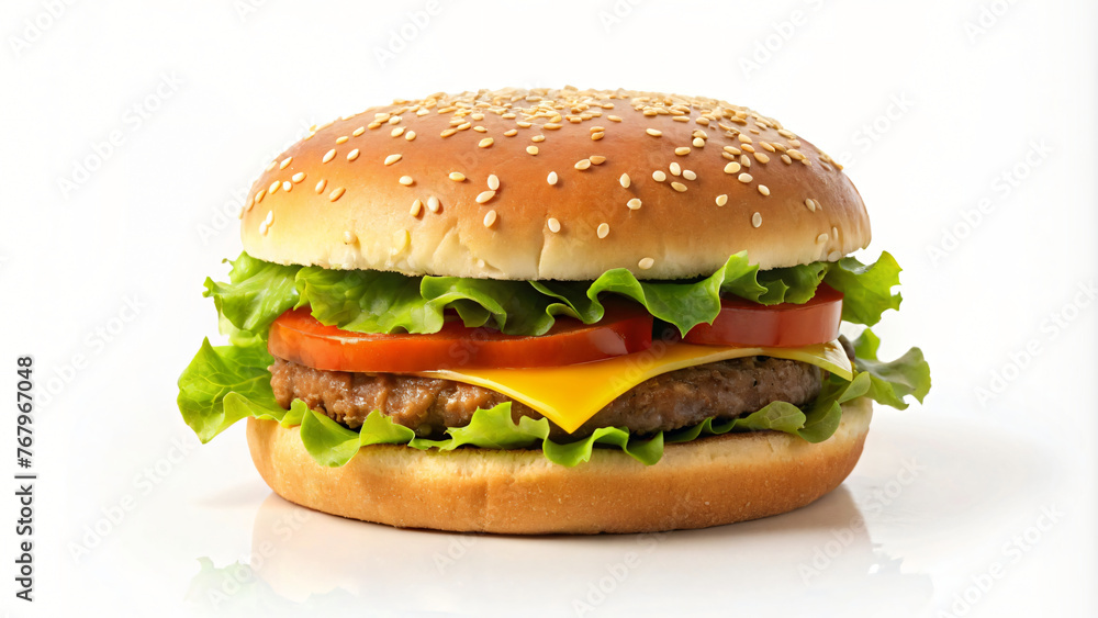 White background showcasing a delicious cheeseburger with lettuce, tomato and sesame seed bun White background showcasing a delicious cheeseburger with lettuce, tomato and sesame seed bun
