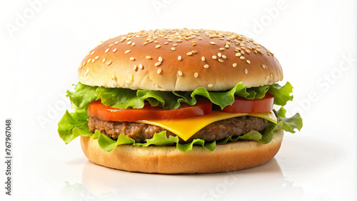White background showcasing a delicious cheeseburger with lettuce, tomato and sesame seed bun