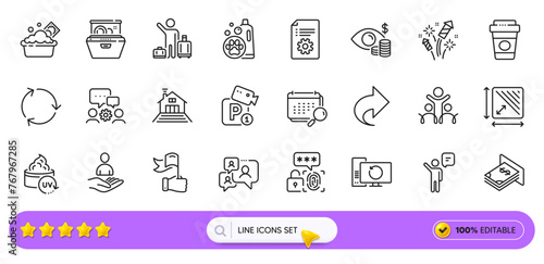 Takeaway coffee, Recovery computer and Engineering team line icons for web app. Pack of Inclusion, Dishwasher, Agent pictogram icons. Parking security, Square area, Support chat signs. Vector