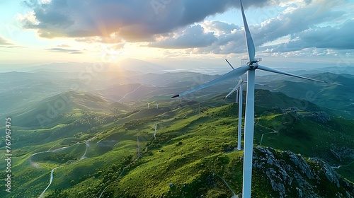 A wind turbine is spinning in the sky above a lush green mountain