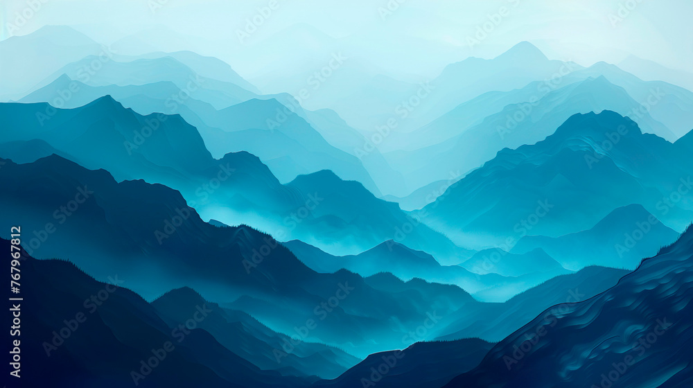 Watercolor background of a  silhouette of blue mountains in the mysterious fog