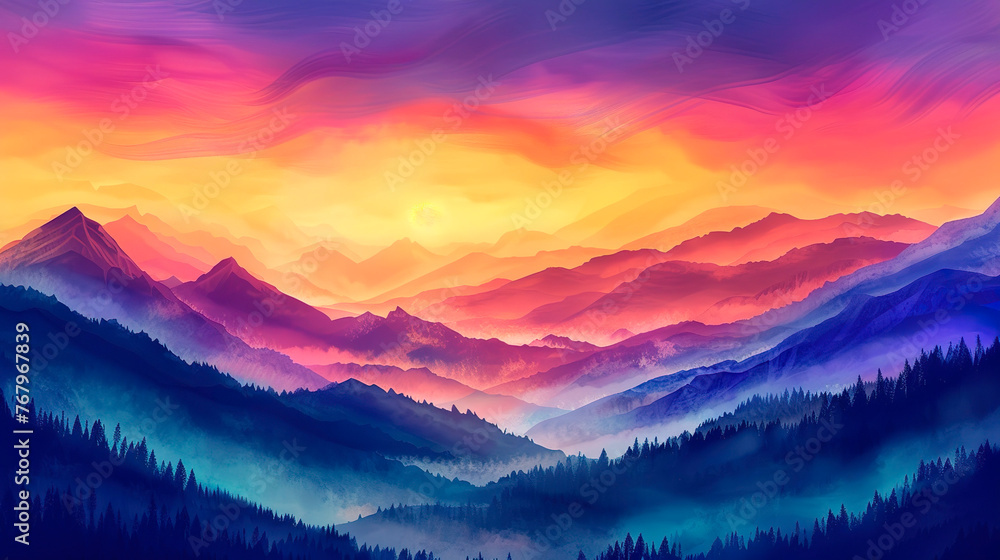 Watercolor background of a  silhouette of colorful mountains in the mysterious fog