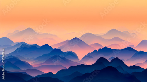 Watercolor background of a silhouette of colorful mountains in the mysterious fog