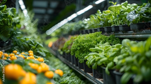 A row of potted plants and vegetables are displayed in a store