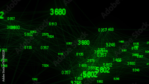 Block chain technology concept. Big data visualization. Artificial intelligence. Green network connection structure. Abstract digital background with matrix. 3d rendering.