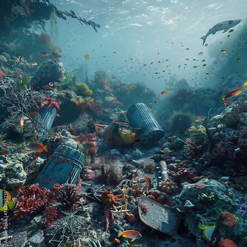 Scrap metal and plastic waste in a coral reef with corals and fish.