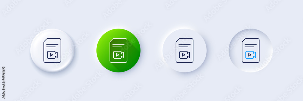 Document with Video content line icon. Neumorphic, Green gradient, 3d pin buttons. Vlog File with Camera sign. Paper page concept symbol. Line icons. Neumorphic buttons with outline signs. Vector Document with Video content line icon. Neumorphic, Green gradient, 3d pin buttons. Vlog File with Camera sign. Paper page concept symbol. Line icons. Neumorphic buttons with outline signs. Vector