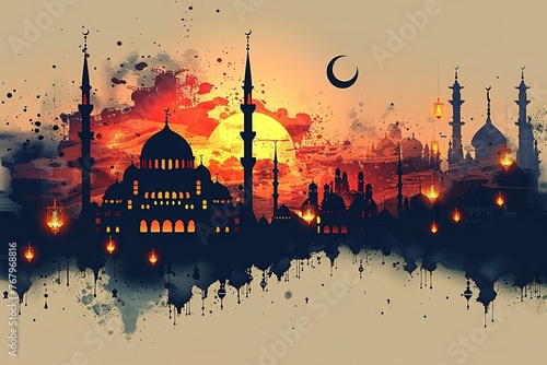 Eid Mubarak and Ramadan Kareem greetings with an Islamic lantern, mosque line pattern background for Eid al Fitr. 