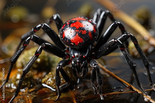 Black widow with red marking on web., generative IA © JONATAS