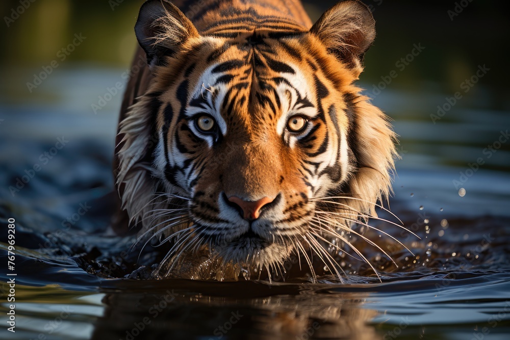 Swimming tiger surprises in the lake., generative IA