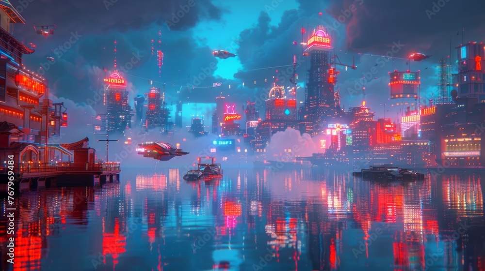 Futuristic Cityscape With Boat in Water Futuristic Cityscape With Boat in Water
