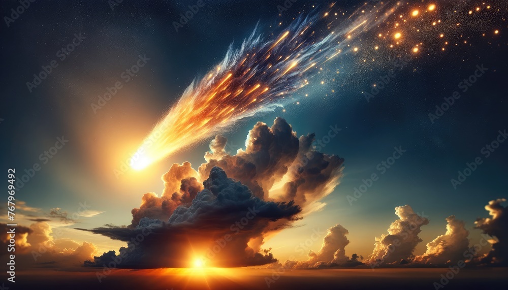 A dazzling meteor blazes across a twilight sky, its fiery tail illuminating the heavens and the silhouette of clouds, capturing the spectacular and transient beauty of a cosmic event at sunset.