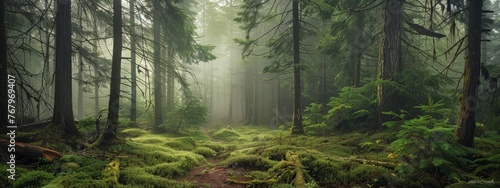 A gentle  foggy morning in a quiet  old-growth forest.
