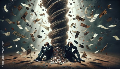 intense and powerful image capturing the chaos of a financial crisis, as two figures are overwhelmed by a tornado of cash and coins, depicting economic turmoil and the concept of financial distress photo