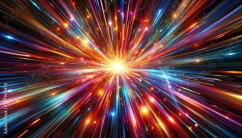 vibrant a digital big bang, with brilliant streaks of light emanating from a central explosion of white light. cosmic event, dazzling array of colors rapid motion, traveling at the speed of light