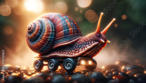 whimsical journey of a vibrant snail on miniature skateboard amidst a magical forest setting, illuminated by a soft golden glow, adventure, mollusk, nature, whimsy, creature, fantasy, sunlight, bokeh