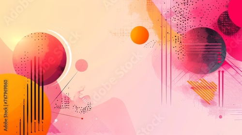 Abstract art blending geometric shapes & dots with a sunset color palette.