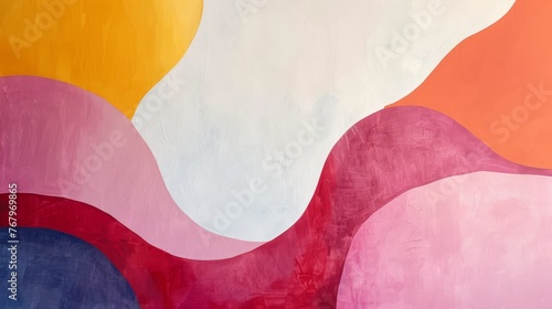 Abstract art with flowing shapes in warm pink, orange, and yellow tones.