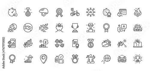 Honor, Timer and Best rank line icons pack. AI, Question and Answer, Map pin icons. Yoga, Sports arena, Best result web icon. Bicycle parking, Bicycle helmet, Winner pictogram. Vector