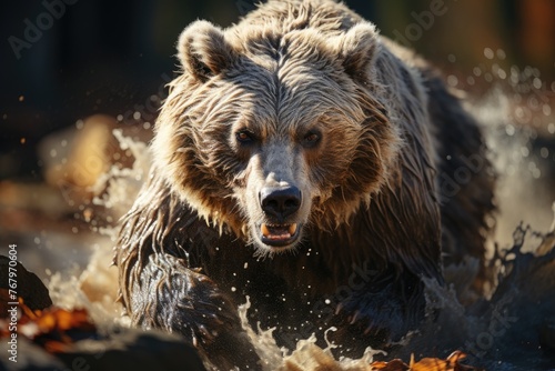 Agile gray bear running on a rocky slope., generative IA